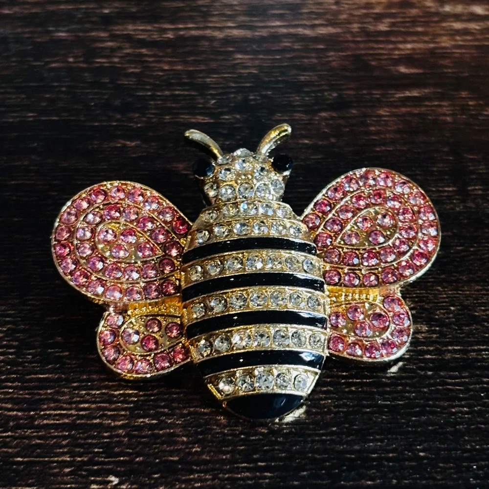 Gold Tone Pink Rhinestone Bumblebee Brooch Crystal Insect Black Enamel Stripe